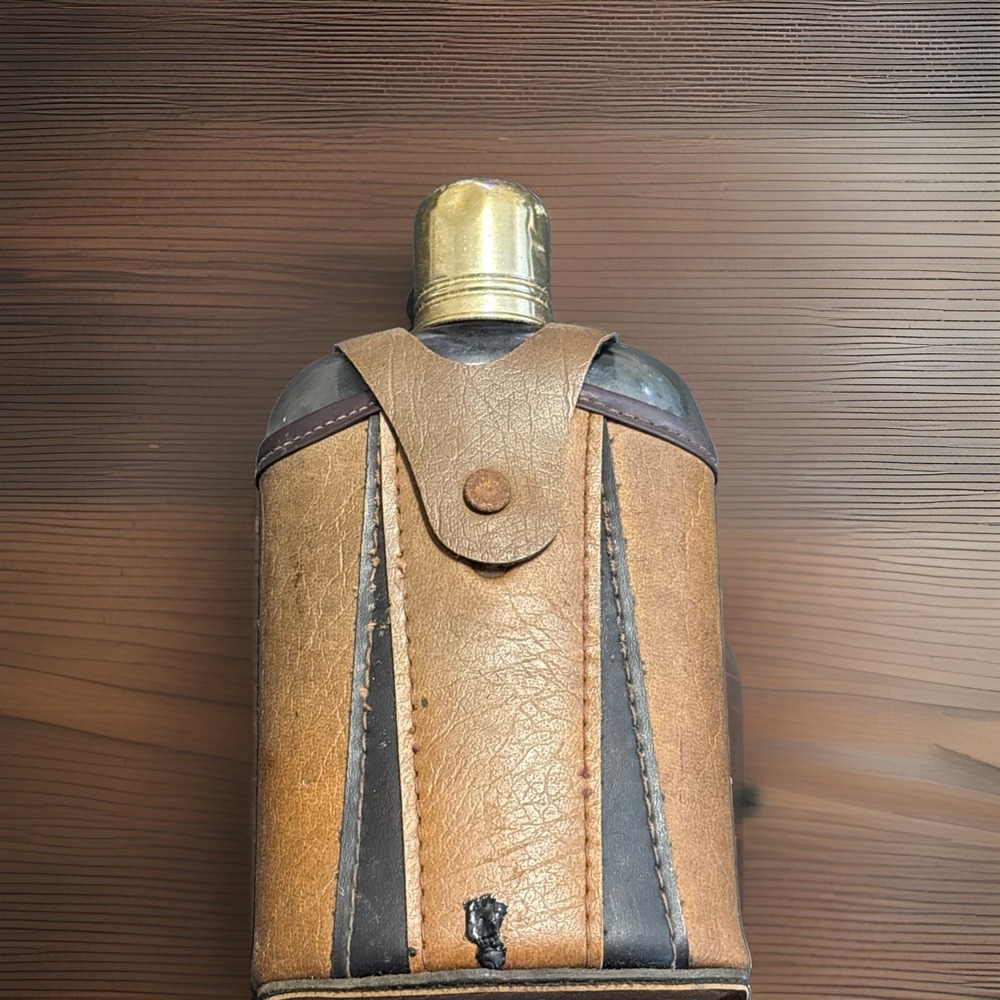 Vintage Glass Hip Flask with Two-Tone Genuine Leather Sleeve & Shot Glass Cap